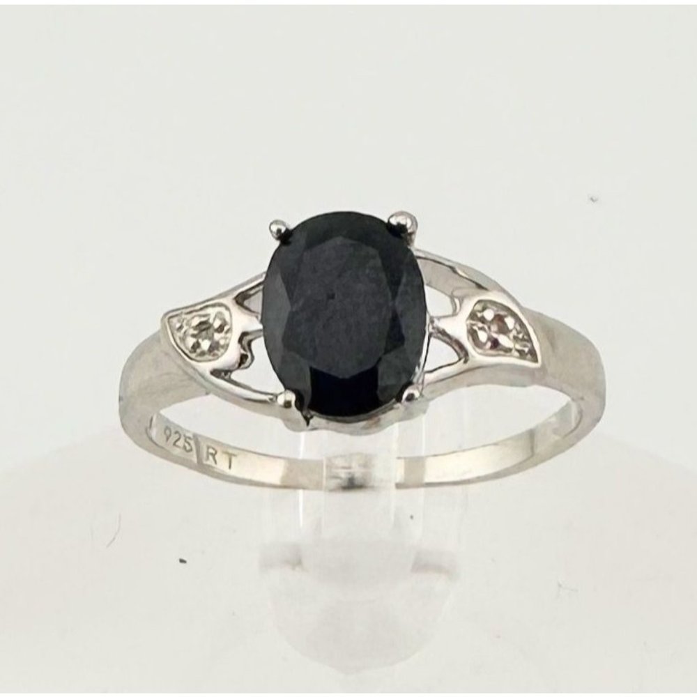 Black Sapphire and Diamond Accent Oval Ring - Sterling Silver - Size 7 - Simple